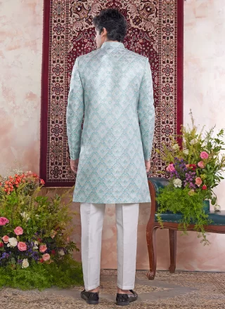 Aqua Blue Banarasi Jacquard Jacquard Work Indo Western
