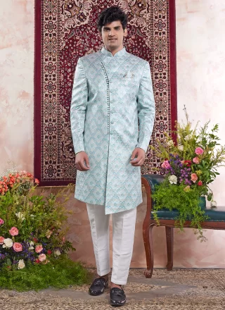 Aqua Blue Banarasi Jacquard Jacquard Work Indo Western