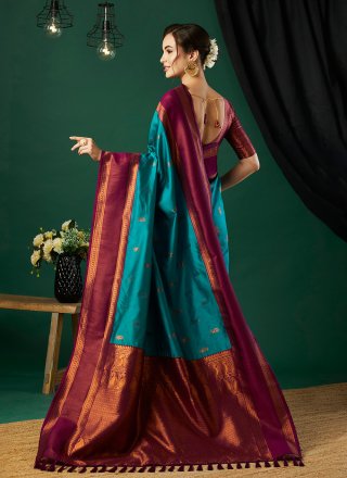 Aqua Blue Banarasi Silk Woven and Zari Work Trendy Saree