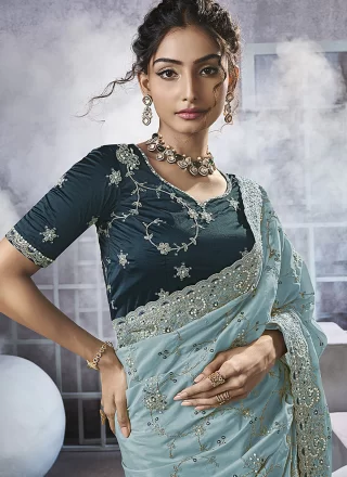 Aqua Blue Beads, Cord, Cut, Embroidered and Thread Work Georgette Designer Saree