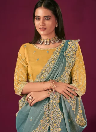 Aqua Blue Booti, Cut, Embroidered and Zari Work Silk Contemporary Sari