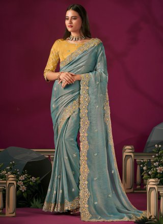 Aqua Blue Booti, Cut, Embroidered and Zari Work Silk Contemporary Sari