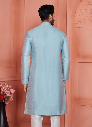 Aqua Blue Brocade Pintex Work Kurta Pyjama for Men
