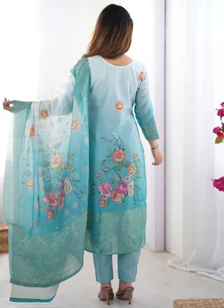 Aqua Blue Chanderi Silk Readymade Style with Digital Print and Jacquard Work