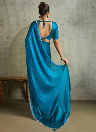 Aqua Blue Chiffon Classic Saree with Embroidered Work