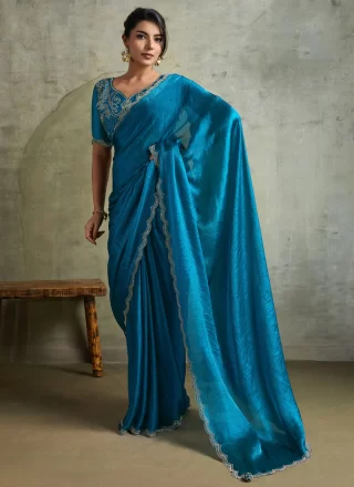 Aqua Blue Chiffon Classic Saree with Embroidered Work