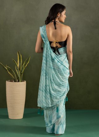 Aqua Blue Chiffon Contemporary Sari with Patch Border Work for Casual