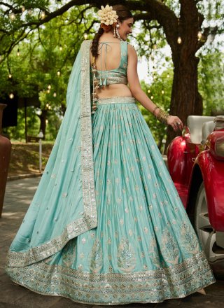 Aqua Blue Chiffon Embroidered, Sequins and Zari Work A - Line Lehenga Choli for Ceremonial