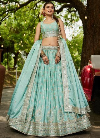 Aqua Blue Chiffon Embroidered, Sequins and Zari Work A - Line Lehenga Choli for Ceremonial