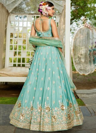 Aqua Blue Chiffon Embroidered, Sequins and Zari Work A - Line Lehenga Choli