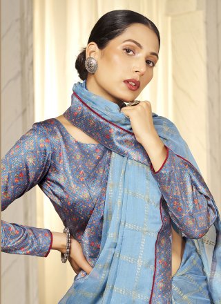 Aqua Blue Chiffon Foil Print Work Contemporary Saree