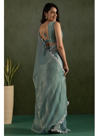Aqua Blue Chiffon Trendy Saree with Patch Border Work