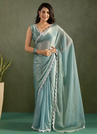 Aqua Blue Chiffon Trendy Saree with Patch Border Work