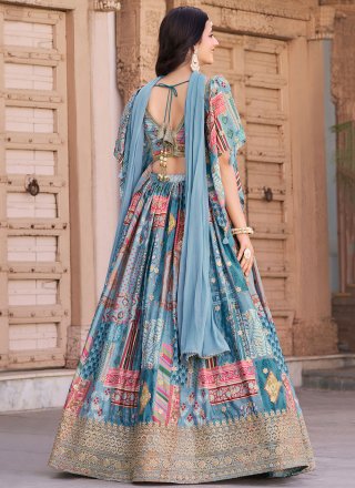 Aqua Blue Chinon A - Line Lehenga Choli with Digital Print, Dori, Embroidered and Zari Work for Women