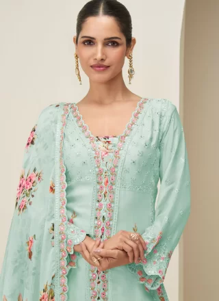 Aqua Blue Chinon Embroidered and Mirror Work Salwar Suit for Women