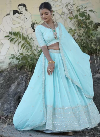 Aqua Blue Chinon Embroidered, Sequins and Zari Work Lehenga Choli