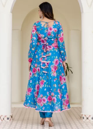 Aqua Blue Chinon Readymade Salwar Suit with Floral Patch Work for Women