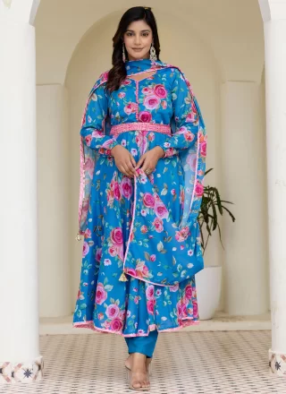 Aqua Blue Chinon Readymade Salwar Suit with Floral Patch Work for Women
