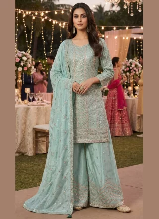 Aqua Blue Chinon Salwar Suit with Embroidered Work