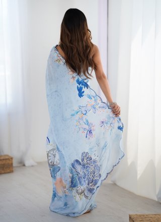 Aqua Blue Chinon Traditional Saree