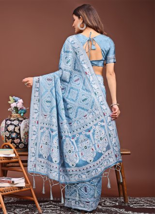 Aqua Blue Cotton Bandhej Work Contemporary Sari for Casual