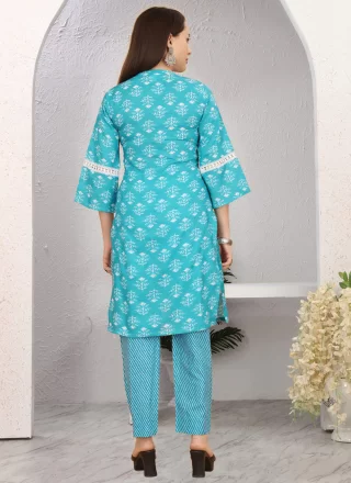 Aqua Blue Cotton Casual Kurti with Print Work