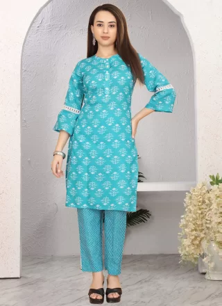 Aqua Blue Cotton Casual Kurti with Print Work