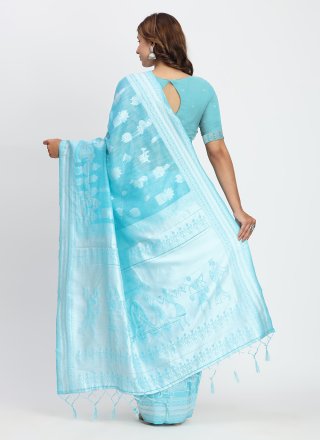 Aqua Blue Cotton Classic Saree with Woven Work
