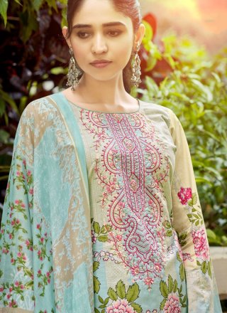 Aqua Blue Cotton Digital Print and Embroidered Work Pant Style Suit for Casual