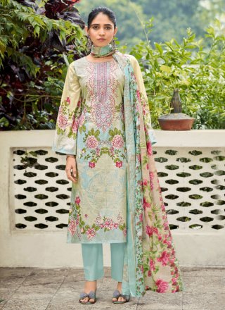 Aqua Blue Cotton Digital Print and Embroidered Work Pant Style Suit for Casual