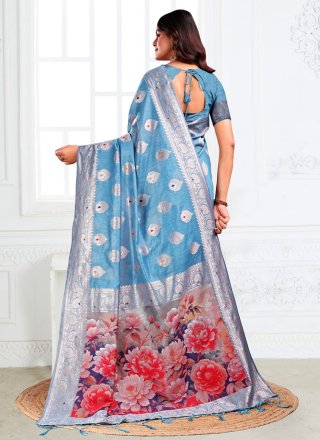 Aqua Blue Cotton Digital Print Work Classic Sari for Casual