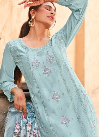 Aqua Blue Cotton Embroidered Work Salwar Suit for Ceremonial