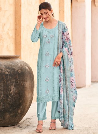 Aqua Blue Cotton Embroidered Work Salwar Suit for Ceremonial