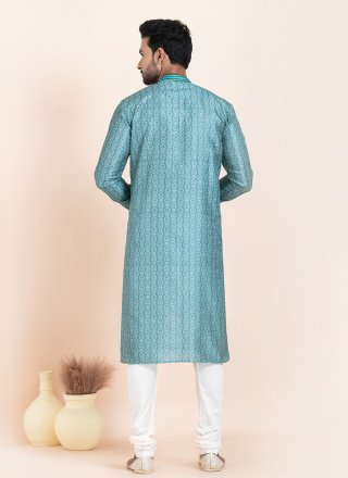 Aqua Blue Cotton Fancy Work Kurta Pyjama