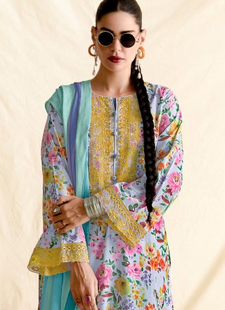 Aqua Blue Cotton Lawn Embroidered and Floral Patch Work Salwar Suit for Ceremonial