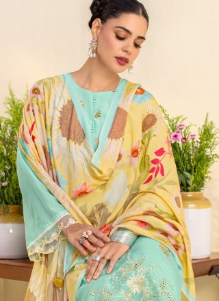 Aqua Blue Cotton Lawn Salwar Suit with Embroidered and Resham Work for Ceremonial