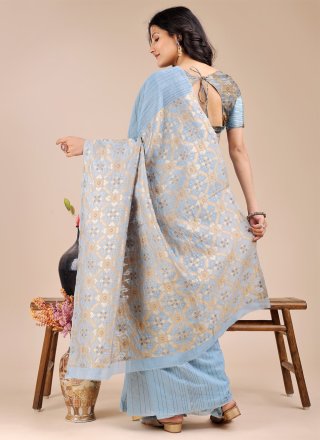 Aqua Blue Cotton Print Work Contemporary Sari for Casual