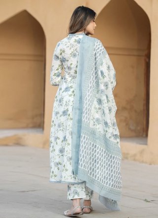 Aqua Blue Cotton Print Work Salwar Suit for Casual