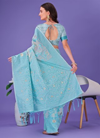 Aqua Blue Cotton Print Work Trendy Saree for Casual