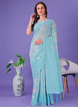 Aqua Blue Cotton Print Work Trendy Saree for Casual