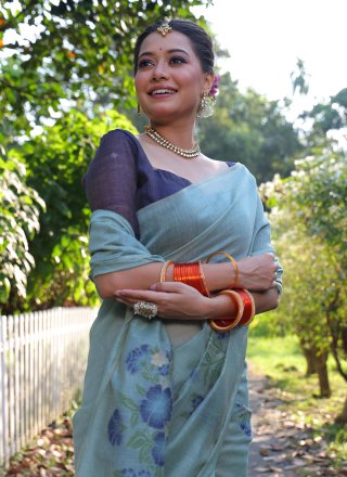 Aqua Blue Cotton Trendy Saree with Print Work