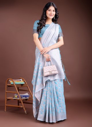 Aqua Blue Cotton Weaving Work Classic Sari for Casual