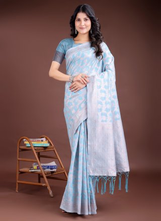 Aqua Blue Cotton Weaving Work Classic Sari for Casual