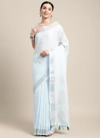 Aqua Blue Cotton Woven Work Contemporary Saree for Casual