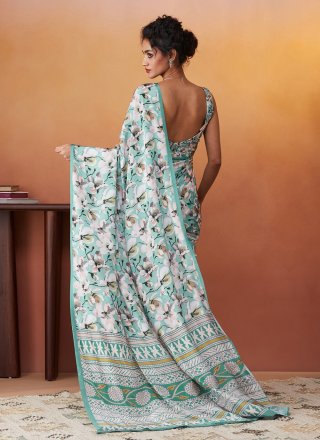 Aqua Blue Crepe Silk Trendy Saree with Digital Print Work