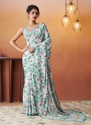 Aqua Blue Crepe Silk Trendy Saree with Digital Print Work