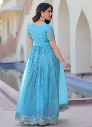 Aqua Blue Crush Embroidered, Multi, Sequins, Thread and Zari Work  Designer Gown for Festival
