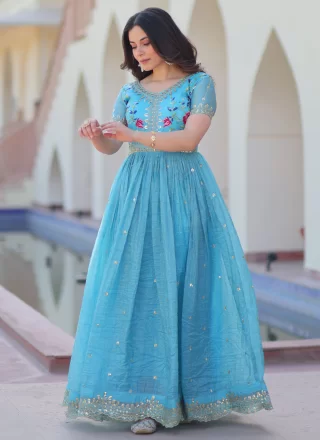 Aqua Blue Crush Embroidered, Multi, Sequins, Thread and Zari Work  Designer Gown for Festival
