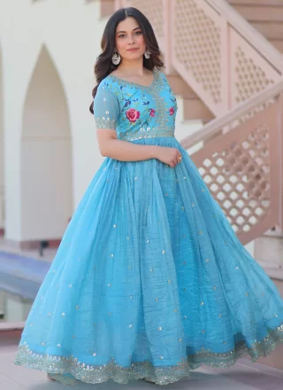 Aqua Blue Crush Embroidered, Multi, Sequins, Thread and Zari Work  Designer Gown for Festival