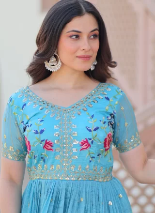 Aqua Blue Crush Embroidered, Multi, Sequins, Thread and Zari Work  Designer Gown for Festival